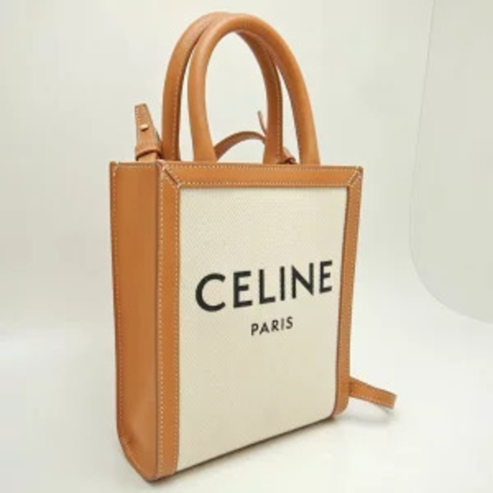 CELINE Vertical Cabas Tote Bag Canvas Calfskin Tan - Picture 2 of 9